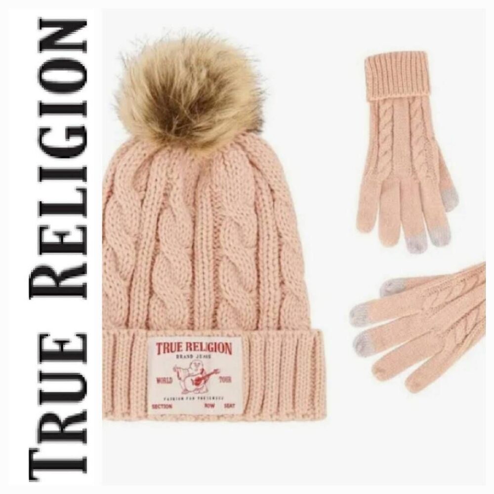 True Religion Knit Cable Faux Fur Pom Beanie & Touchscreen Glive Set
